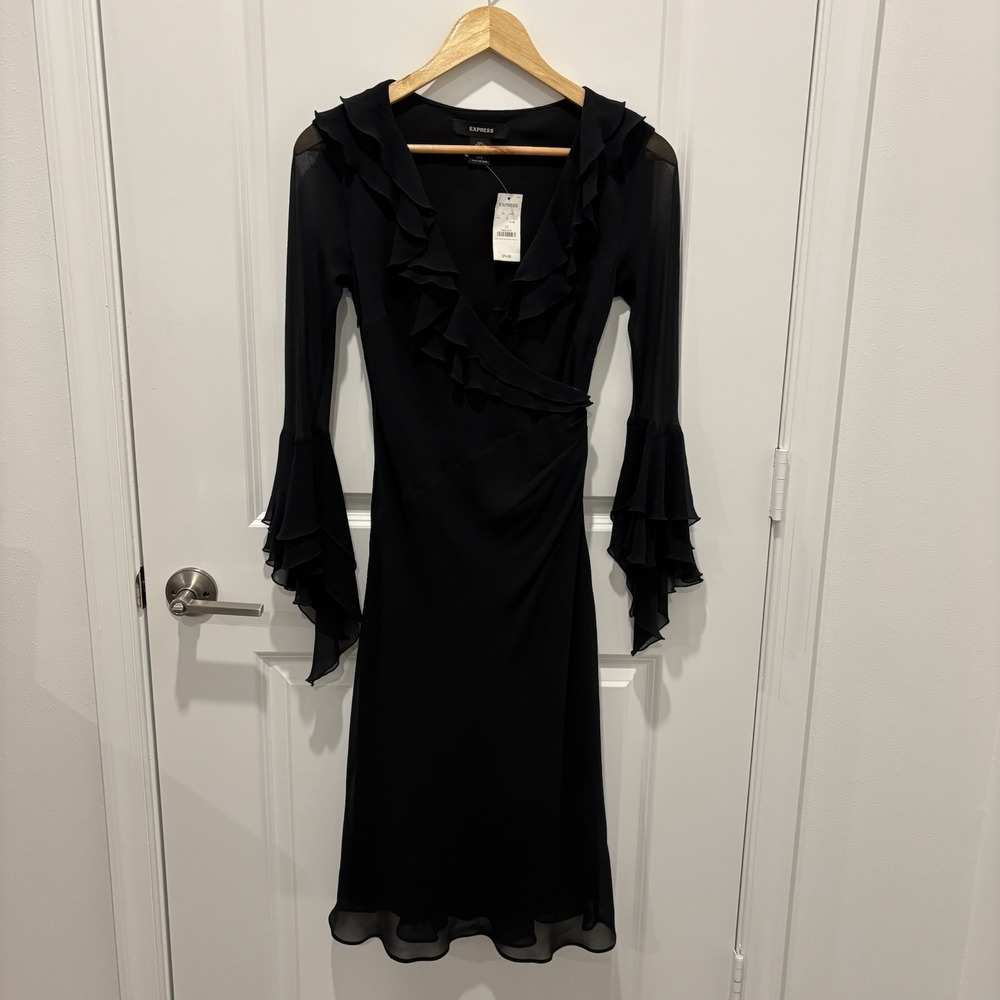 Express Silk Midi Dress Black Bell Sleeve Whimsigoth Witchy Y2K Black 1/2 NWT